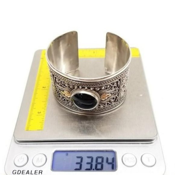 Vintage Sterling Silver 925 Onyx Embossed Cuff Bracelet with Gold Filled Decals - Picture 3 of 6